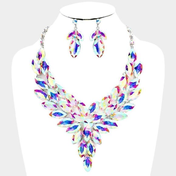 Crystal Marquise Abalone Vine Silver Necklace Set - Picture 1 of 6